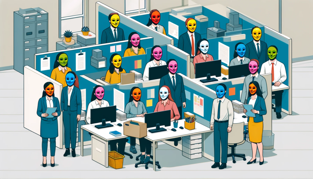 A group of office workers all wearing masks showing they can't be their genuine selves at work. 